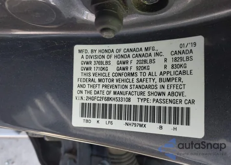 2019 Honda Civic Lx z USA, uszkodzony, nr VIN 2HGFC2F68KH533108